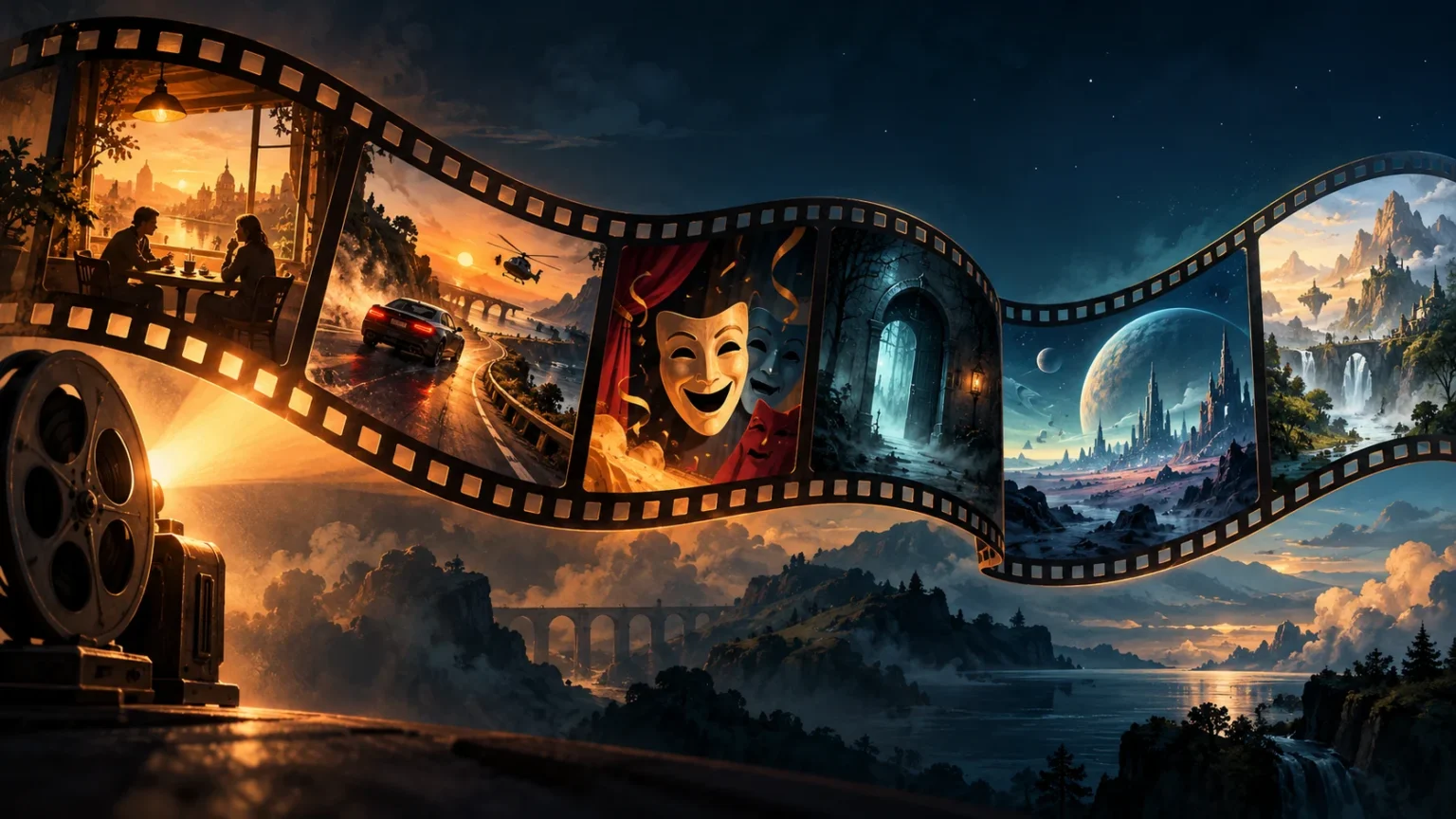 Ilustrasi pita film yang menghubungkan suasana drama, aksi, komedi, horor, fiksi ilmiah, dan fantasi