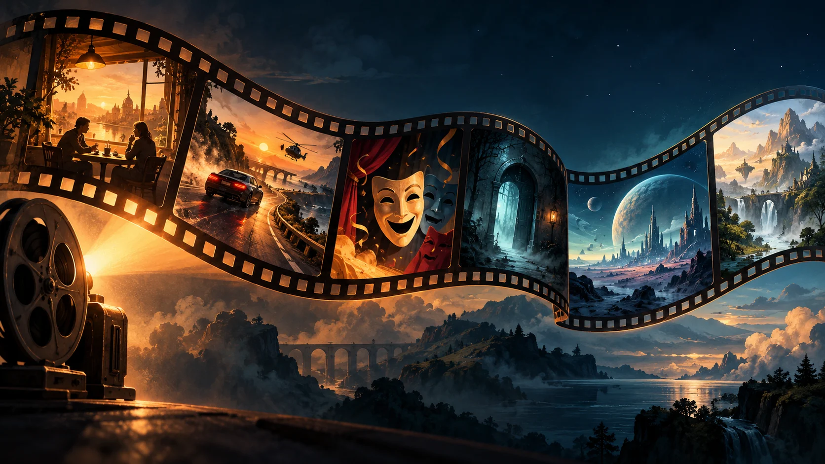 Ilustrasi pita film yang menghubungkan suasana drama, aksi, komedi, horor, fiksi ilmiah, dan fantasi