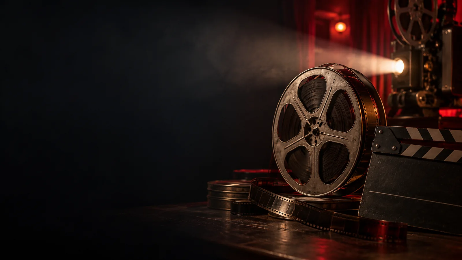 Ilustrasi editorial gulungan film dan clapperboard dalam cahaya bioskop