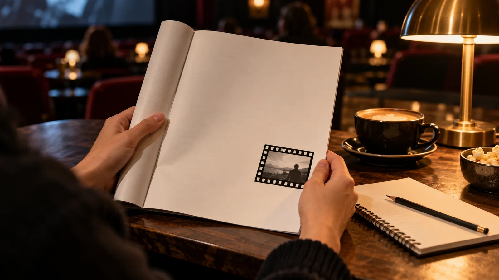 Ilustrasi editorial pembaca memegang lembar ulasan film