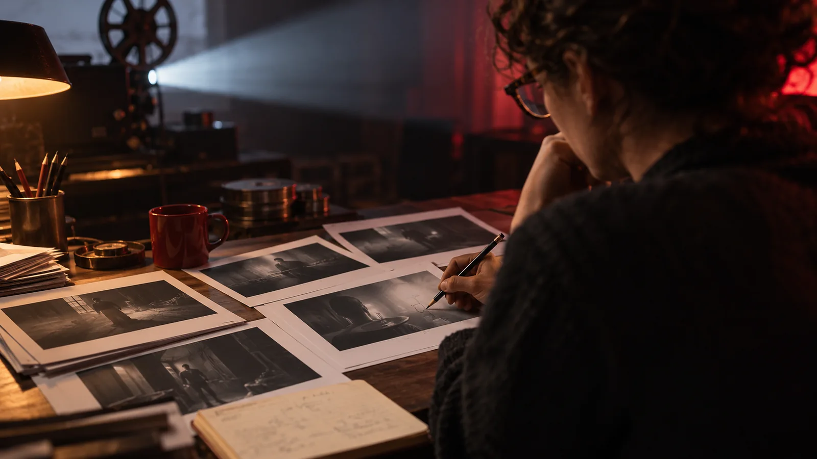 Ilustrasi editorial kritikus menelaah gambar dan catatan film