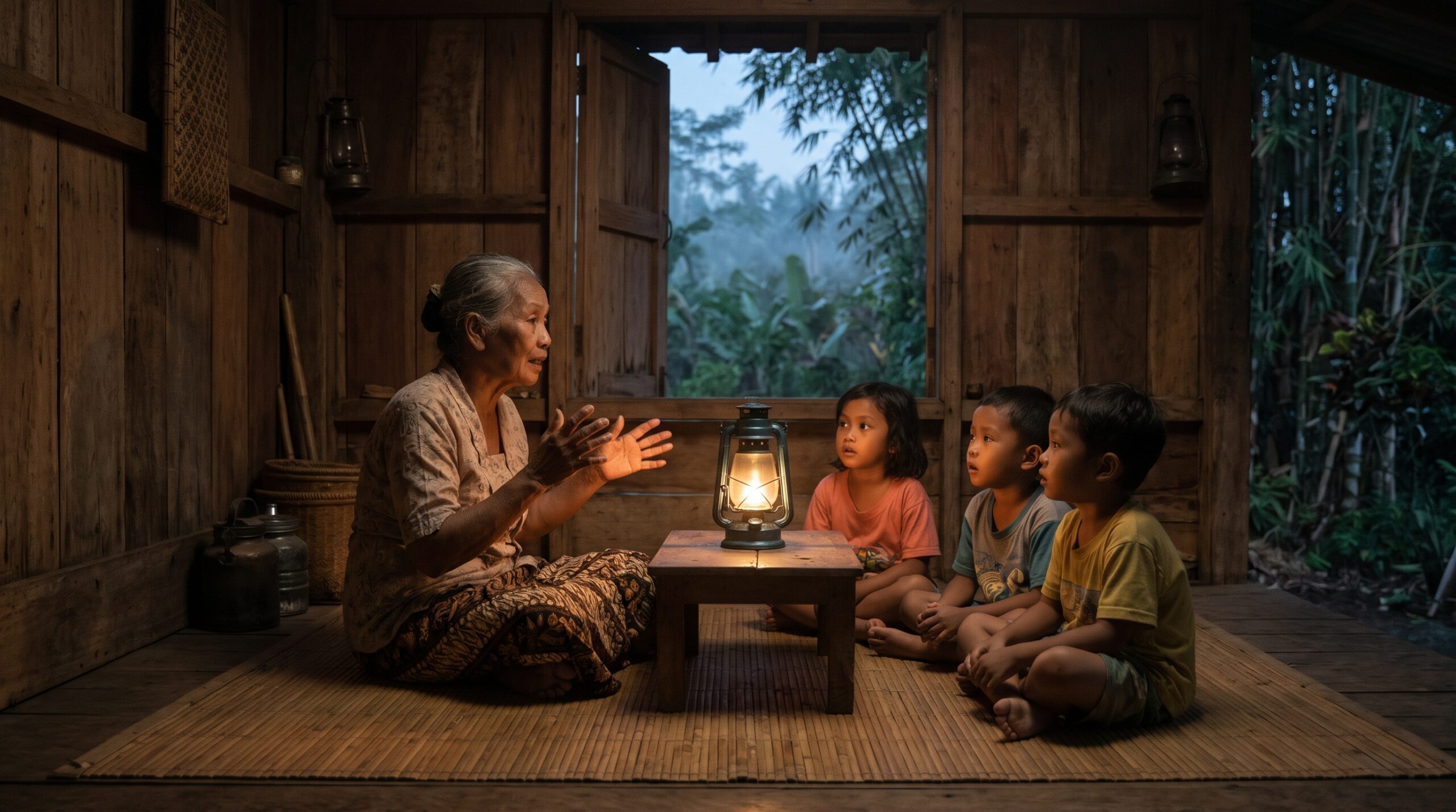 Ilustrasi seorang nenek bercerita kepada tiga anak di rumah kayu dengan lampu minyak dan hutan bambu di luar jendela.