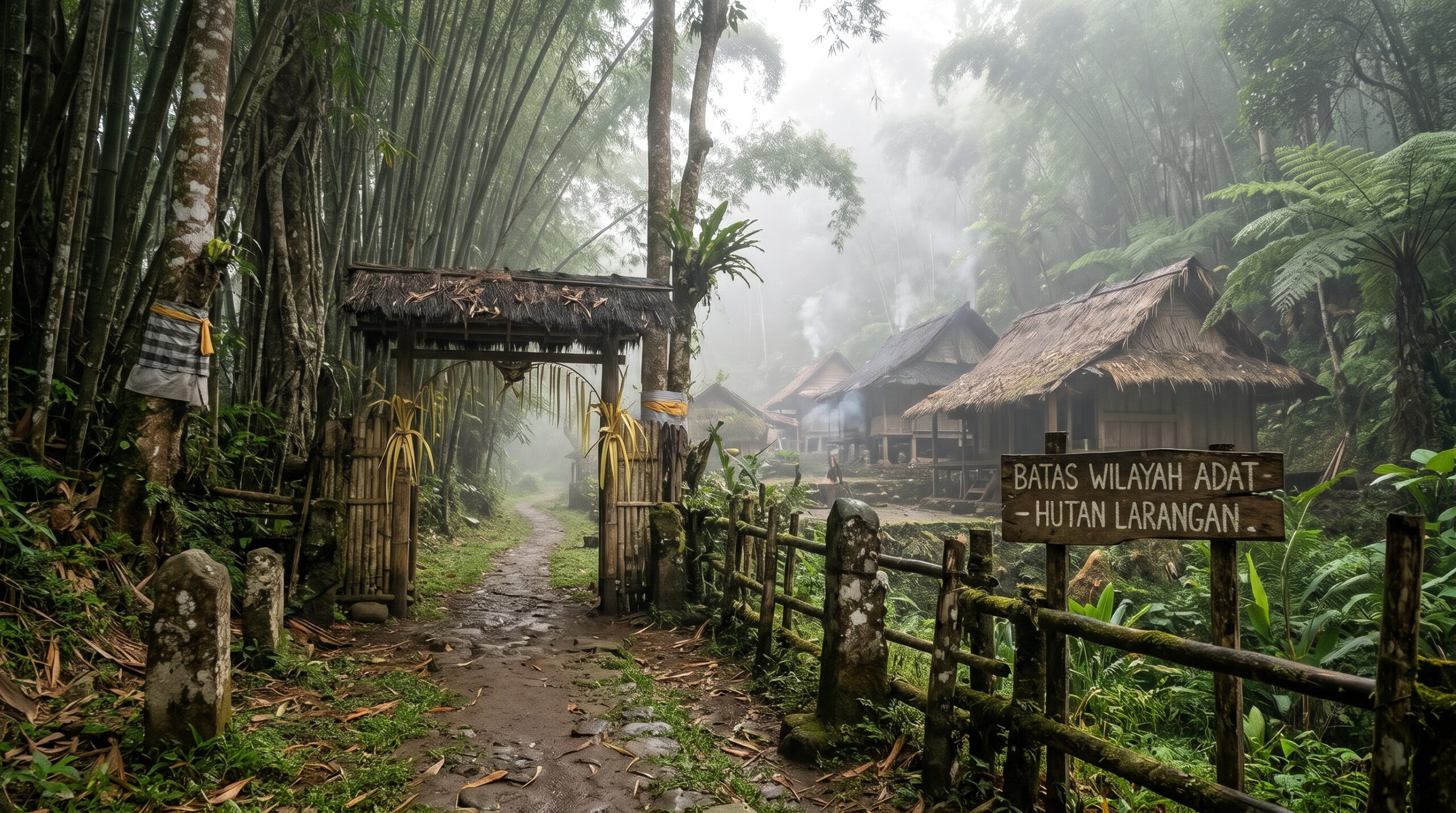 Ilustrasi gerbang bambu dan jalan berkabut dengan papan batas wilayah adat serta hutan larangan