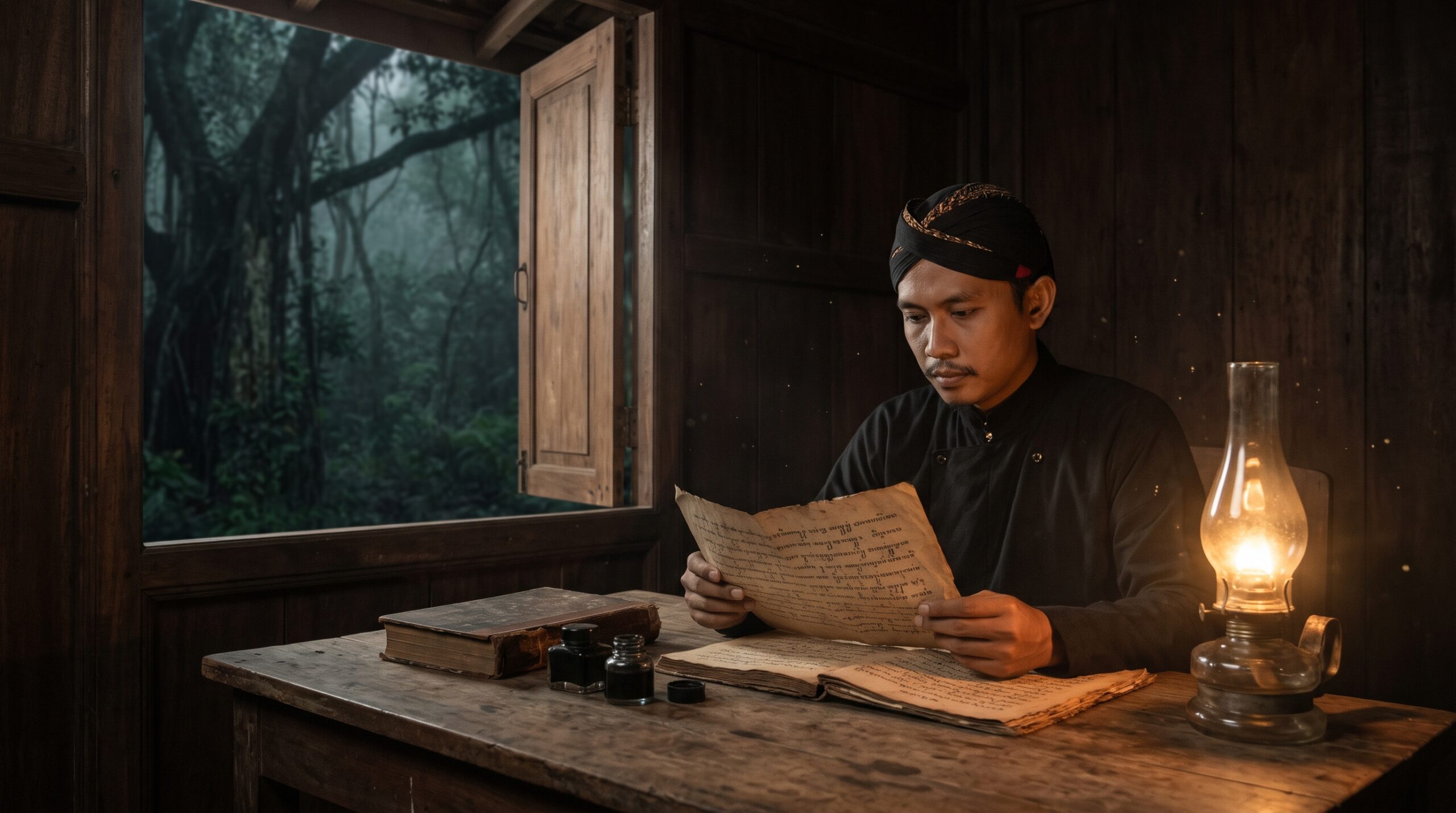 Ilustrasi seorang pembaca naskah di meja kayu dekat lampu minyak dan jendela yang menghadap hutan