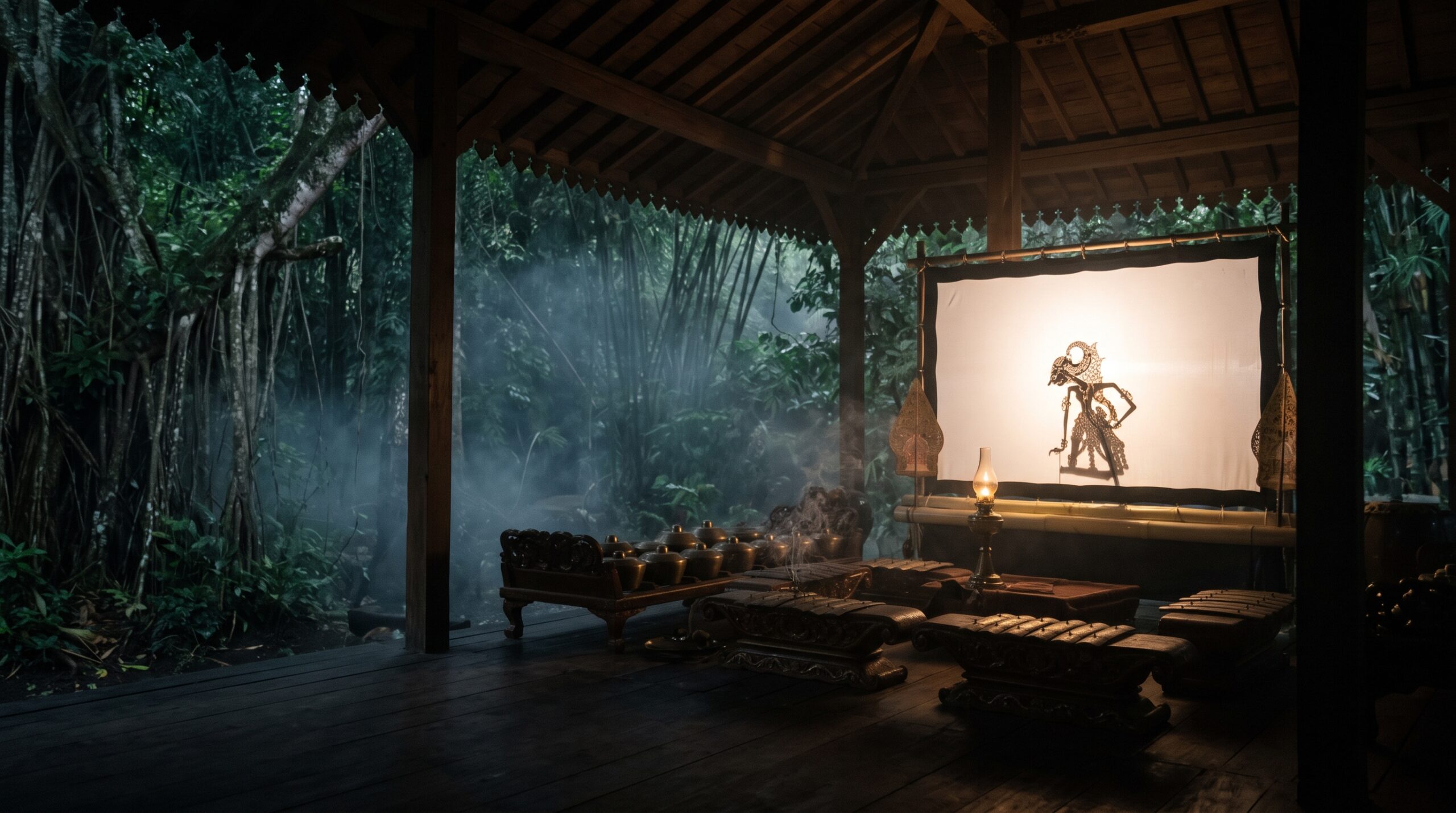 Ilustrasi perangkat gamelan dan bayangan wayang di pendopo dekat hutan bambu berkabut.