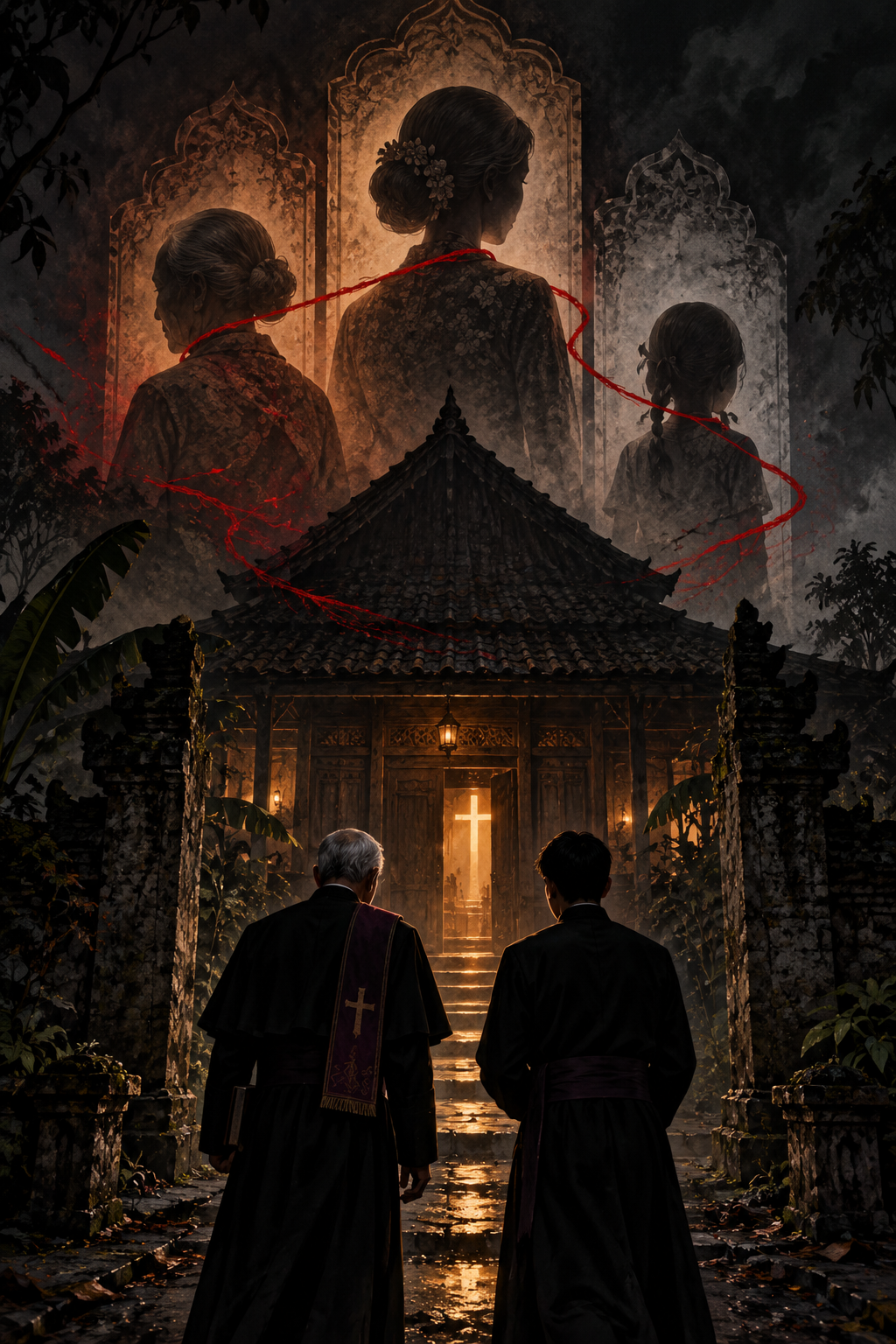 Ilustrasi dua rohaniwan menghadap rumah, dengan siluet lintas generasi dan benang merah