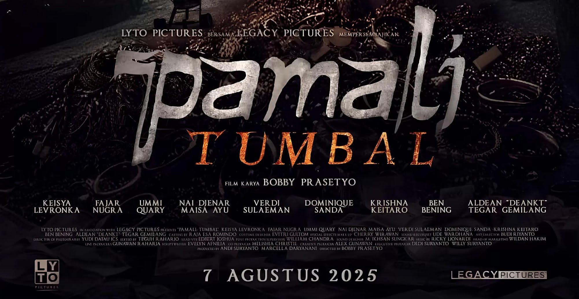 Materi promosi Pamali: Tumbal dengan judul film, nama Bobby Prasetyo, dan tanggal 7 Agustus 2025.