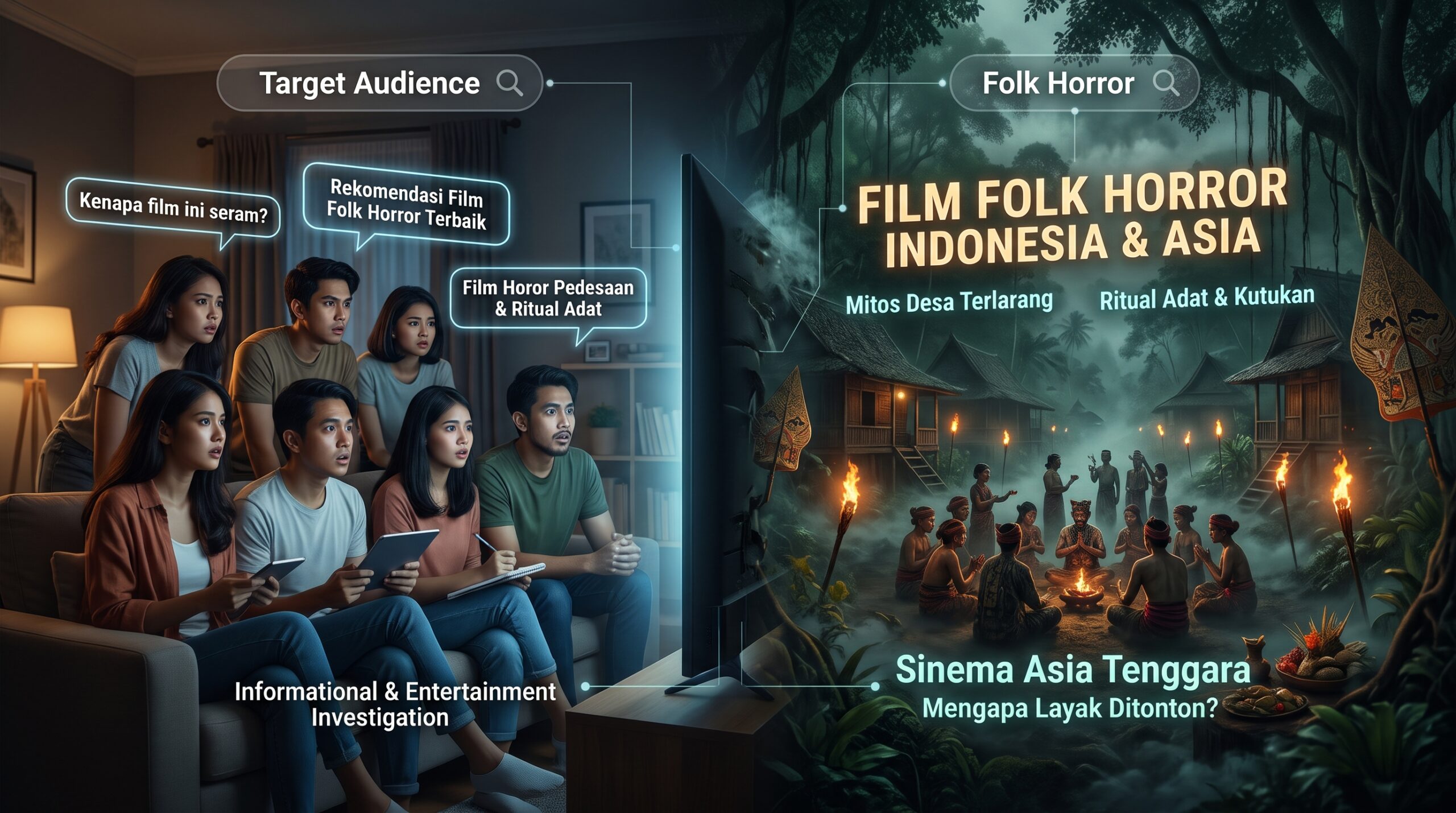 Ilustrasi penonton film dan desa berkabut dengan teks Film Folk Horror Indonesia dan Asia