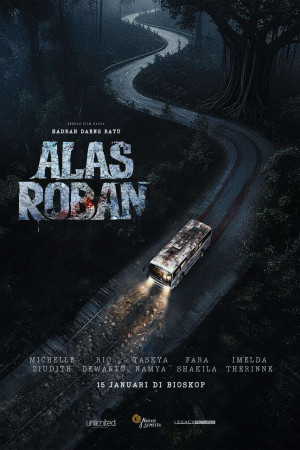 Poster Alas Roban dengan bus di jalan berkelok di tengah hutan
