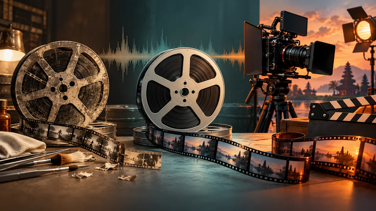 Ilustrasi gulungan film lama, master digital, dan kamera produksi